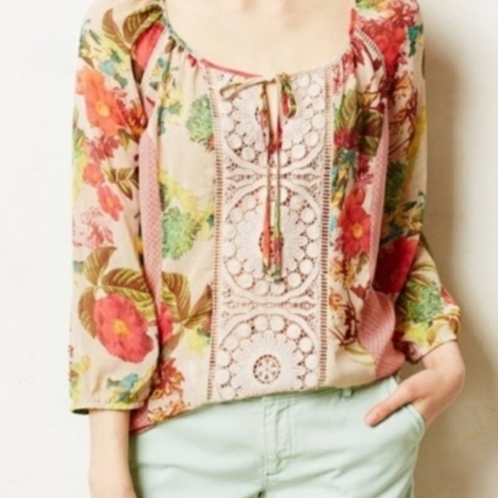 Anthropologie Floral Crochet-Paneled Peasant Blouse in Cream, Pink, Green